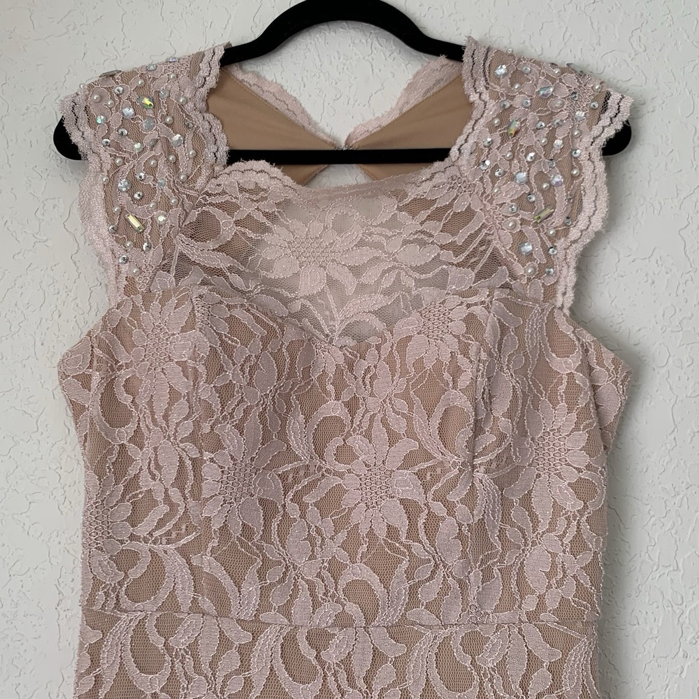 City Triangles Lace Gown Women 13 Pink Beaded Illusion Slit Prom Formal Romantic - Picture 3 of 12